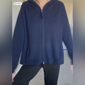 Sara Campbell Sz M 100% Cashmere Sweater Cardigan Navy Blue Zipper Pockets Hood